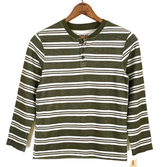 NWT Cherokee Green Stripe Long Sleeve Henley Shirt Knit Pullover NEW Boys S 6/7 - Picture 2 of 15